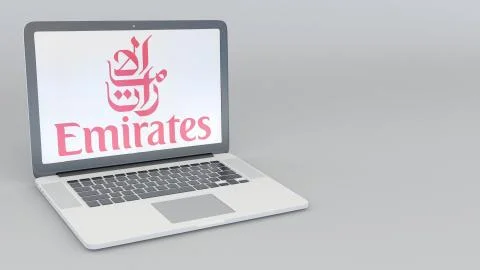 Laptop with Emirates Airline logo. Computer technology conceptual editorial 3D Stock-Illustration