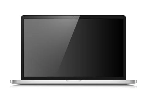 A laptop with an empty black screen with a glare on a white background. Stock Illustration