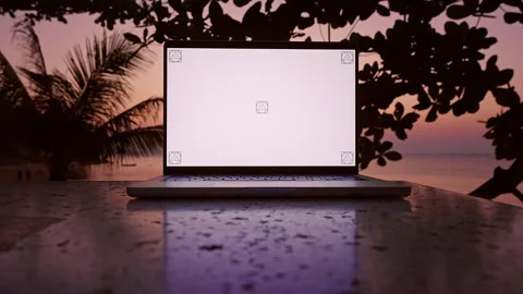 Laptop With Empty Screen On Table Near Sea During Sunset Framed By Palm Leaves W Stock Footage 332307308
