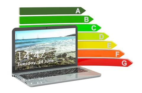 Laptop with energy efficiency chart, 3D rendering Stock Illustration