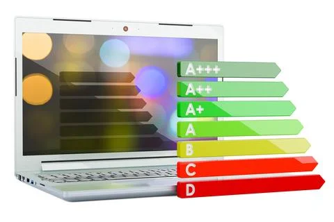 Laptop with energy efficiency chart, 3D rendering Stock Illustration