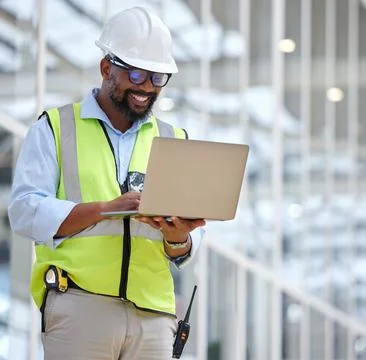Laptop, engineering man and construction worker for online project. management Stock Photos