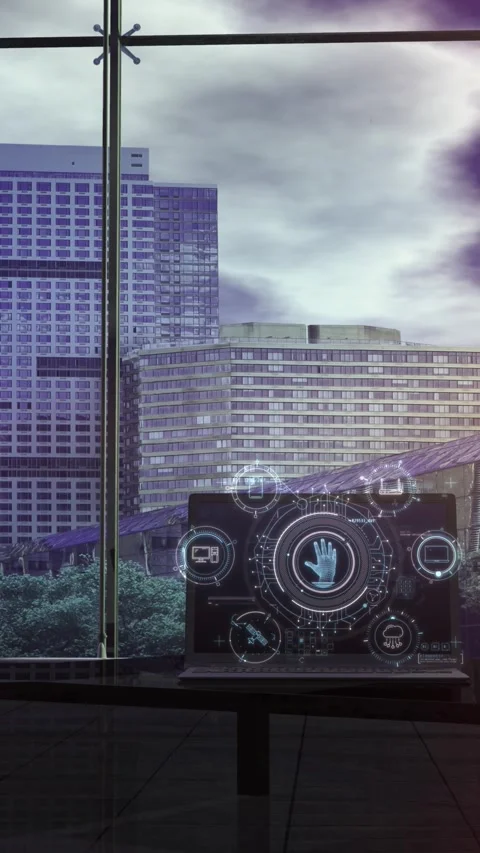 Laptop-enhanced security infographics against panoramic office windows Stock Footage 322068341