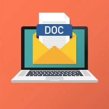 Laptop with envelope and DOC file. Notebook and email with file attachment DO Stock Illustration