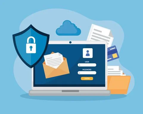 Laptop with envelope and shield Illustrazione stock