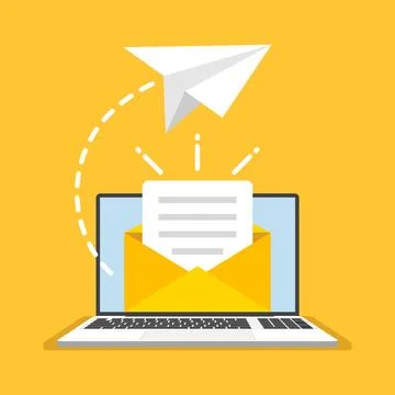 Laptop with envelope icon in flat style. Computer vector illustration on is.. Stock Illustration