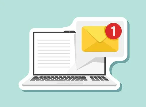 Laptop with envelope sticker icon in flat style. Computer vector illustrati.. Ilustración de archivo