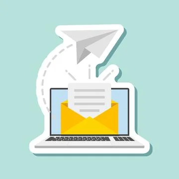 Laptop with envelope sticker icon in flat style. Computer vector illustrati.. Ilustración de archivo