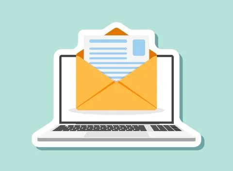 Laptop with envelope sticker icon in flat style. Computer vector illustrati.. Stock Illustration