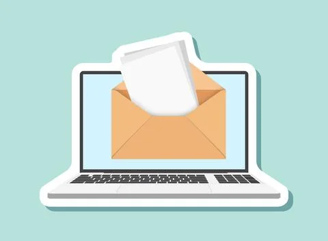 Laptop with envelope sticker icon in flat style. Computer vector illustrati.. Illustrazione stock