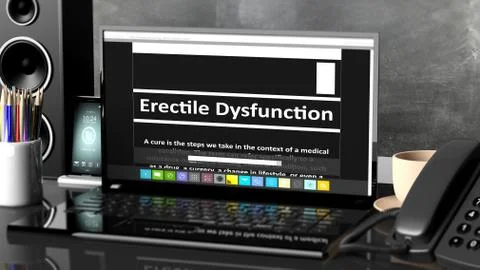 Laptop with Erectile Dysfunction information on screen, on desktop with offic 스톡 일러스트