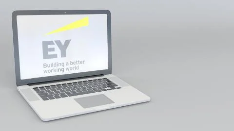 Laptop with Ernst &amp; Young logo. Computer technology conceptual editorial 3D 스톡 일러스트