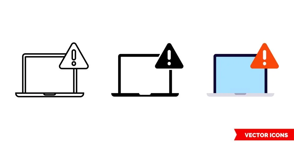 Laptop error icon of 3 types color, black and white, outline. Isolated vector Illustrazione stock