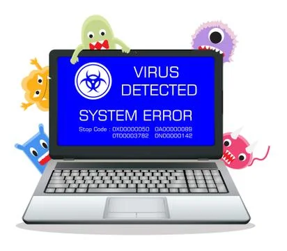 Laptop error screen with cartoon virus Stock Illustration
