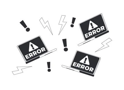 Laptop error warnings black and white cartoon clipart Stock Illustration