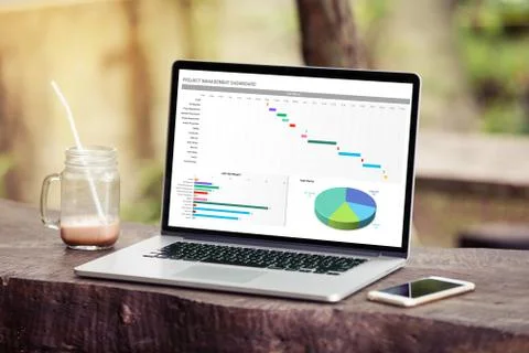 Laptop with excel project dashboard concept on screen in the park / garden  Stock Photos