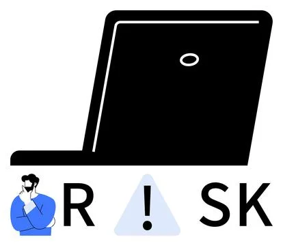 Laptop with an exclamation mark between letters suggesting risk and a thought 스톡 일러스트