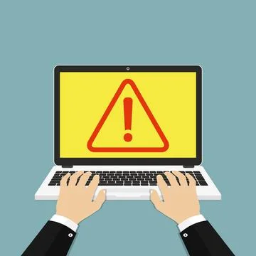 Laptop with exclamation mark on screen. Hands on the laptop. Vector Illustrat 库存插图