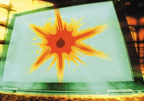 Laptop with exploding bomb on screen, digital composite. Stockfoto's