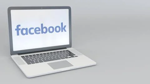 Laptop with Facebook logo. Computer technology conceptual editorial 3D rendering Stock Illustration