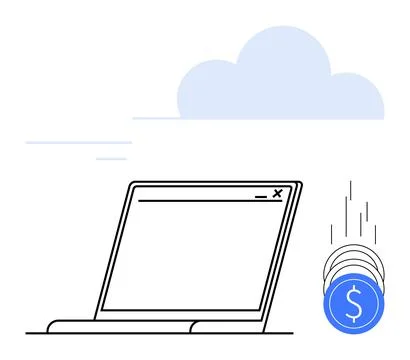 Laptop with falling coins and cloud background emphasizing online financial.. イラスト素材