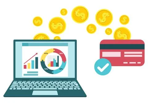 Laptop with Financial Analytics Graphs Transferring Golden Coins to Red イラスト素材