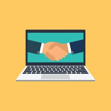 Laptop flat vector with handshake icon Stock Illustration