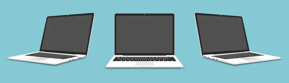 Laptop flat vector illustration. Perspective and front view with blank screen 库存插图