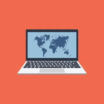Laptop flat vector with world map Stock Illustration