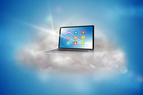 Laptop on a floating cloud Stock Photos