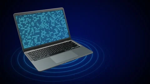 A Laptop with Flowing Binary Code with Signal Waves Copy Space Stock Footage 324701766