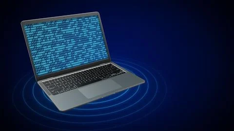 A Laptop with Flowing Binary Code with Signal Waves Copy Space Stock Illustration