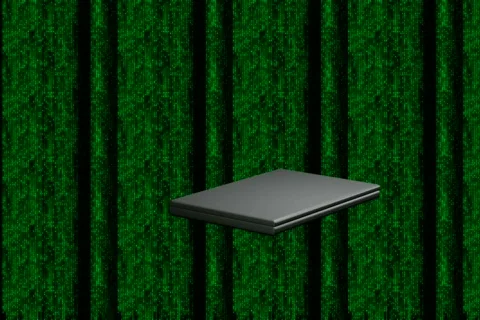 Laptop flyby with binary code NTSC 스톡 동영상 110351