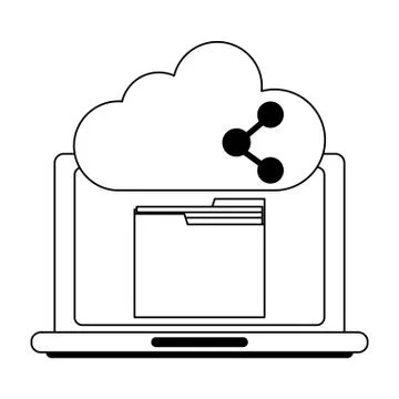 Laptop with folder and cloud computing in black and white 스톡 일러스트