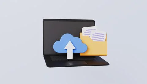Laptop with folder and cloud upload icon, cloud storage system, file document Stock Illustration
