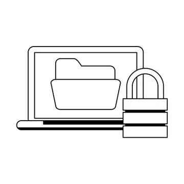 Laptop with folder and padlock in black and white 库存插图