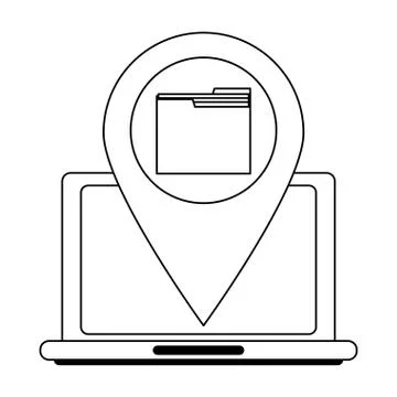 Laptop with folder location pin in black and white 库存插图