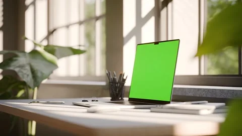 Laptop Frameless with Green Screen on Office Desk in Minimalistic Sunny Int.. Stock Footage 341851894