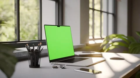 Laptop Frameless with Green Screen on Office Desk in Minimalistic Sunny Int.. Stock Footage 341851895