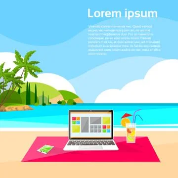 Laptop Freelance Beach Remote Working Place Summer Vacation 스톡 일러스트