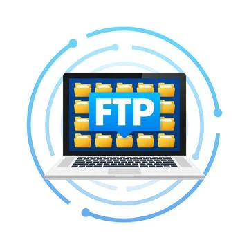 Laptop with FTP File Transfer Protocol interface displaying folders for web and Stock Illustration