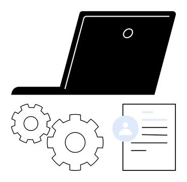 Laptop, gears, and document representing digital workflow, tech optimizatio.. Stock Illustration