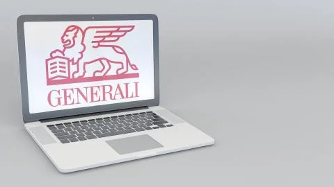 Laptop with Generali Group logo. Computer technology conceptual editorial 3D 스톡 일러스트