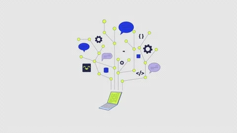 Laptop generating communication and coding tree structure 2D animation Stock Footage 311978435