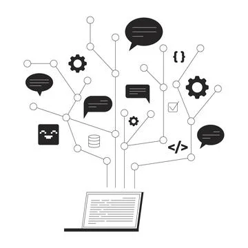 Laptop generating communication coding tree structure line illustration concept Illustrazione stock