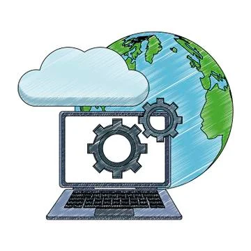 Laptop with global cloud computing scribble Illustrazione stock