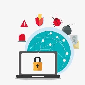 Laptop global cyber security system design Stock Illustration