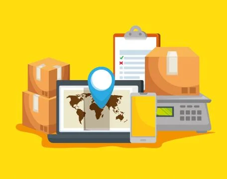 Laptop with global map location and boxes packages Illustrazione stock
