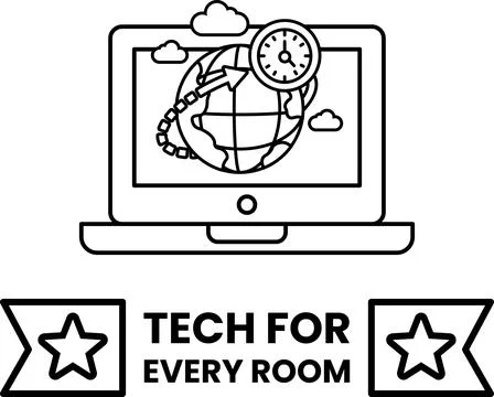 A laptop with a globe on it and the words tech for every room Stock Illustration