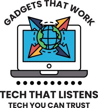 A laptop with a globe on it and the words "Tech that listens" written below i Stock Illustration